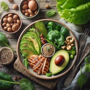 DALL·E 2025-03-01 16.31.48 - A flat-lay image of a colorful low-carb meal featuring avocado, grilled chicken, leafy greens, and nuts on a rustic wooden table, with soft natural li