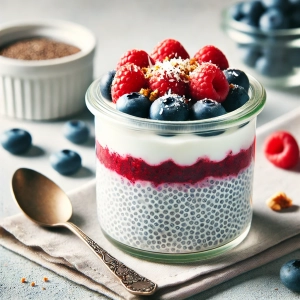 DALL·E 2025-03-01 19.34.51 - A low-carb dessert for a health and wellness website. The dish features a chia seed pudding with coconut milk, topped with fresh berries like blueberr