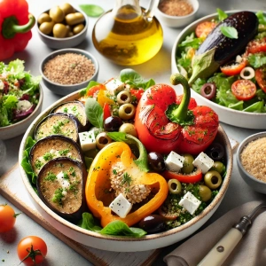 DALL·E 2025-03-01 19.47.09 - A variety of low-carb vegetarian meals, including a Greek salad with feta and olives, stuffed bell peppers with quinoa and herbs, and a roasted eggpla